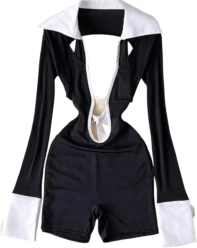 UIOKLMJH Sexy Party Romper For Women V Neck Long Sleeve Color Block Bow Open Back Club Night Outfit