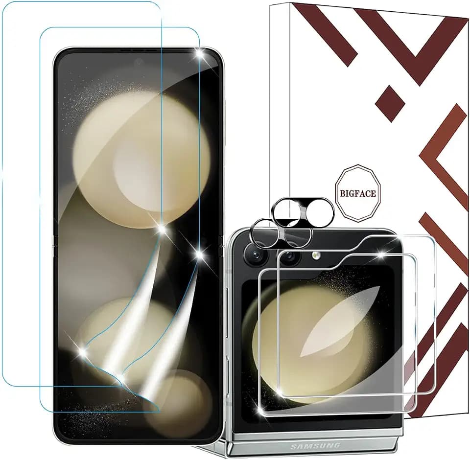 BIGFACE [6 in 1] for Samsung galaxy Z Flip 5 Screen Protector,2 pack galaxy Z Flip 5 EPU Film Screen Protector + 2 Pack Tempered Glass Back Screen Protector + 2 Pack Camera Lens Protectors