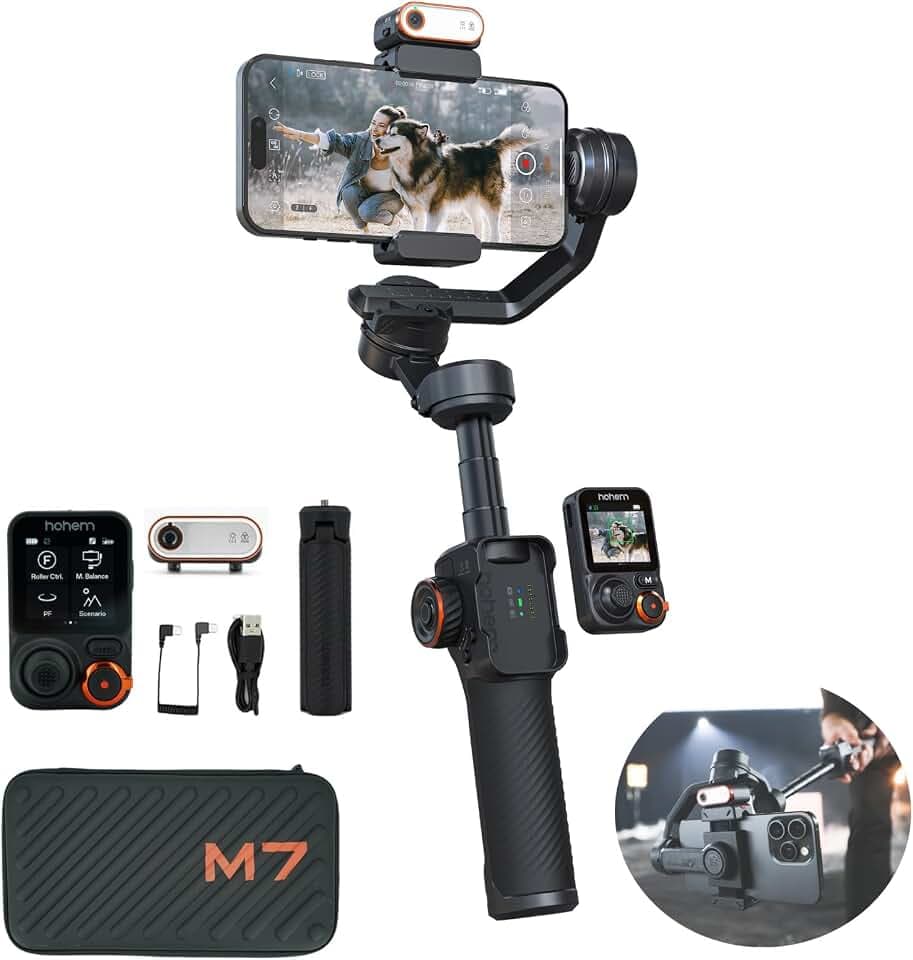 Hohem iSteady M7 Gimbal Stabilizer for Smartphone, 3-Axis Phone Gimbal, Gimbal Stabilizer for iPhone & Android, AI Tracking Sensor with Fill Light, 1.4" Detachable Touchscreen Remote Control