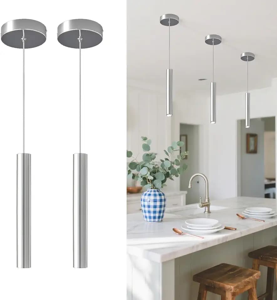 2 Pack Chrome Cylinder Pendant Lights for Kitchen Island, Modern 3W LED