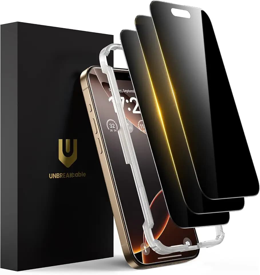UNBREAKcable Privacy Screen Protector for iPhone 16 Pro (6.3"), 25° Anti-Spy Tempered Glass, Easy Install Alignment Frame, Case-Friendly, 9H Hardness, Anti-Fingerprint, 3-Pack
