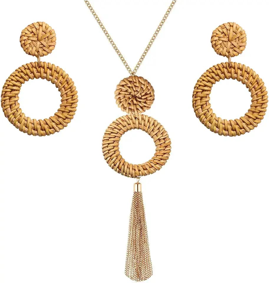 Long Necklace and Rattan Earrings Set for Women Handmade Long Tassel Rattan Necklace Wicker Earring Lightweight Weave Statement Jewelry