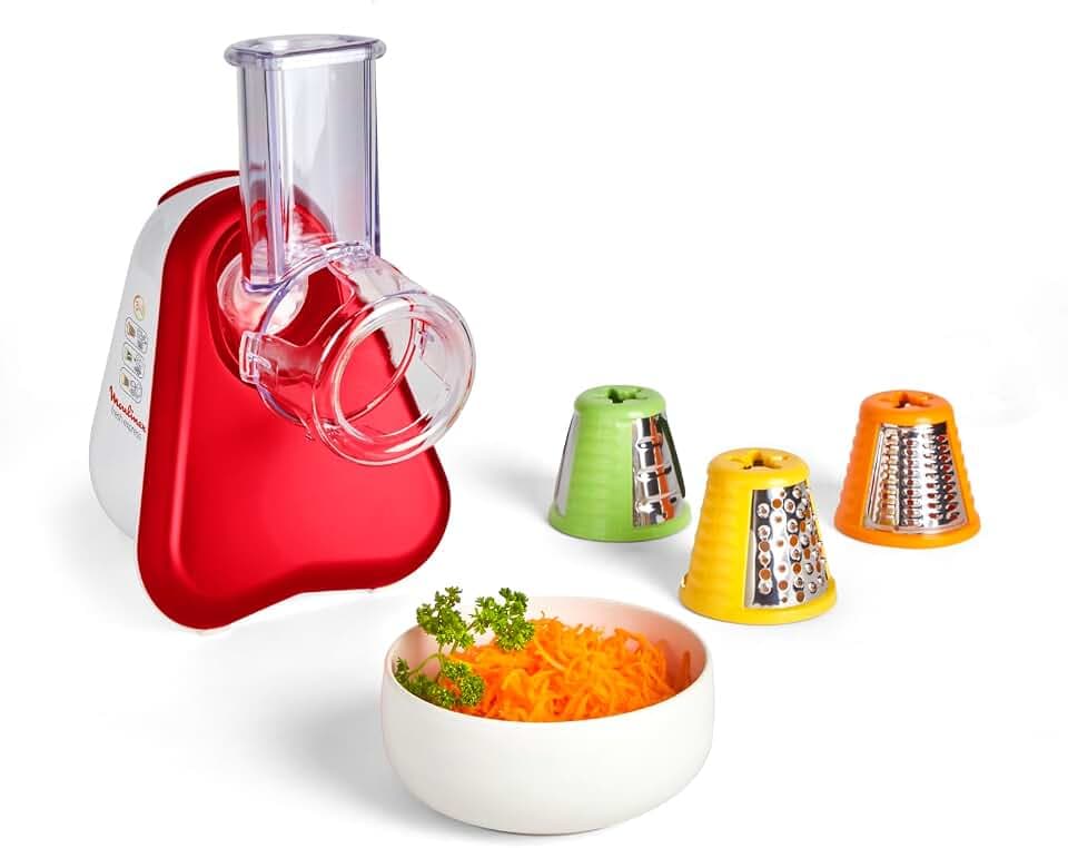 Moulinex Fresh Express 3 in 1 Elektrisches Schnitzelwerk, Gemüseschneider, Gemüsehobel, 150W, 3 Einsätze (fein reiben, fein schneiden, Käse reiben), Made In France, rot, weiß, DJ7535
