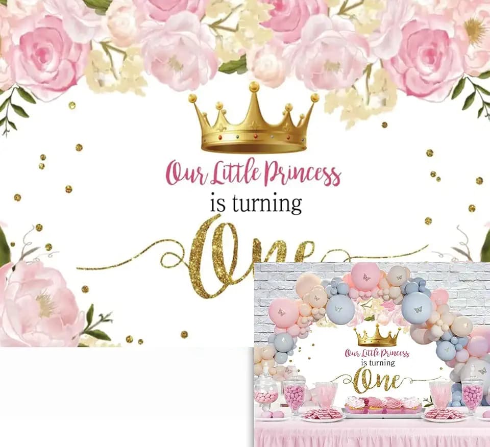 7x5ft Our Little Princess is Turning One Backdrop for Girls Pink Watercolor Floral Birthday Party Background Golden Dots Girl Baby Shower Happy 1st Birthday Party Cake Table Decor Banner Props
