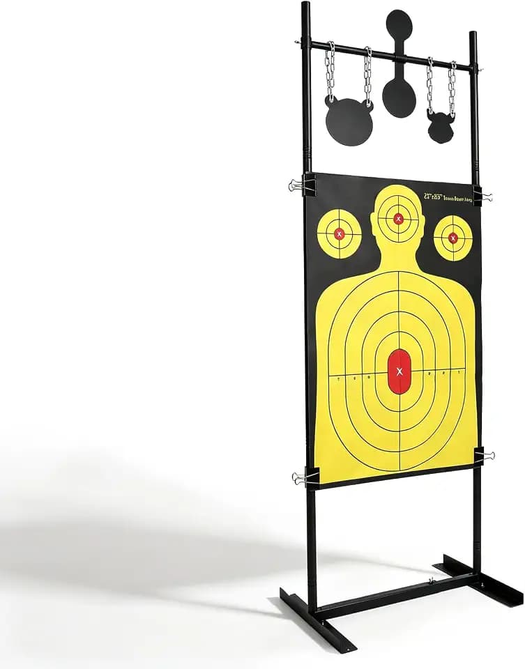 3-in-1 Adjustable Shooting Target Stand – 68'' Height, Base Width Adjustable 17'' to 32'', with Rotating Target, Hanging Gong & Paper Targets Holder for Pistol, .22LR, Airgun, BB Gun