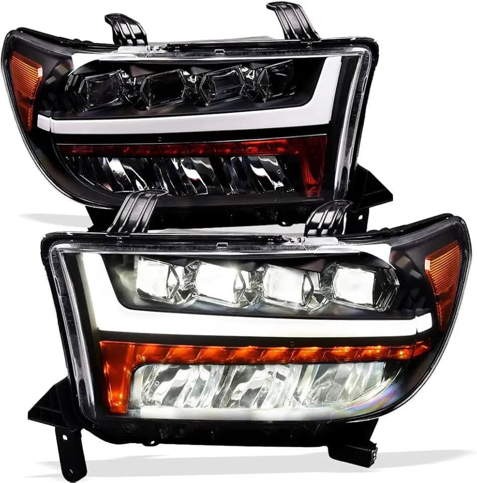 Alpha Owls Dynamic Full LED Quad Projector Headlights with Sequntial LED Signal|Compatible With 2007-2013 Toyota Tundra / 2008-2017 Sequoia|8742891|Black Amber