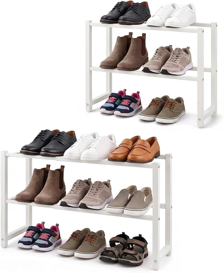 Schuhregal 2 Etagen, Schuhschrank Metall Platzsparend, Weiß