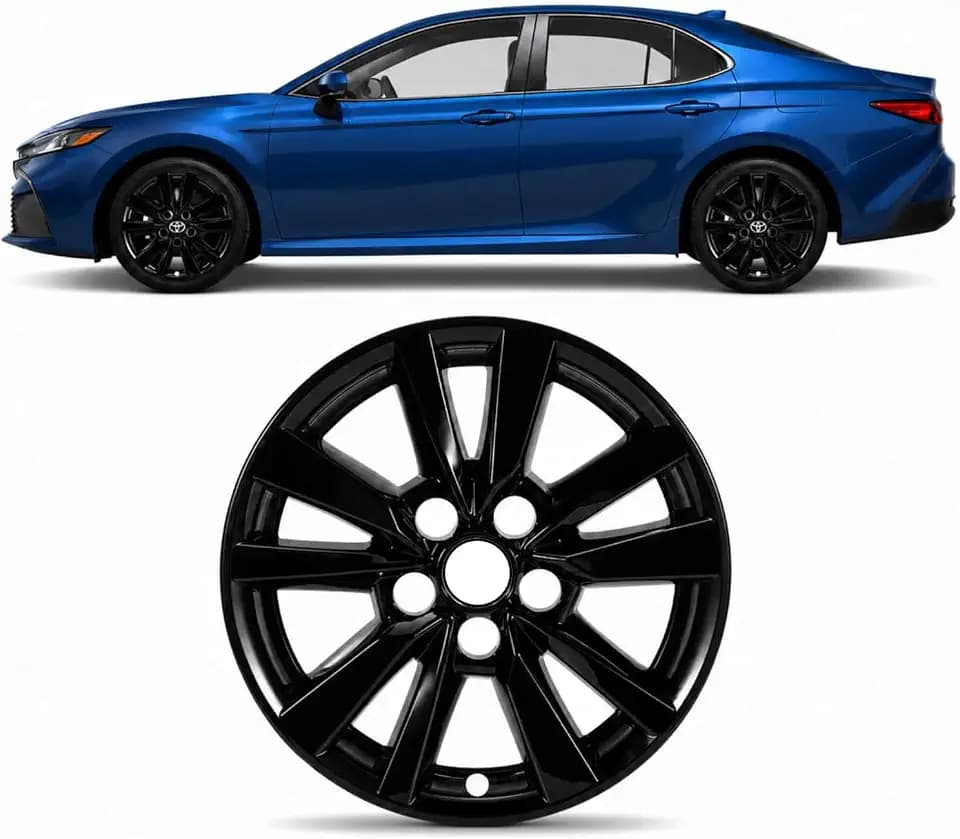 16 Inch Black Wheel Covers Compatible with 2025-2026 Toyota Camry, Glossy Snap-On Wheel Skins for Factory Alloy Wheels, Set of 4