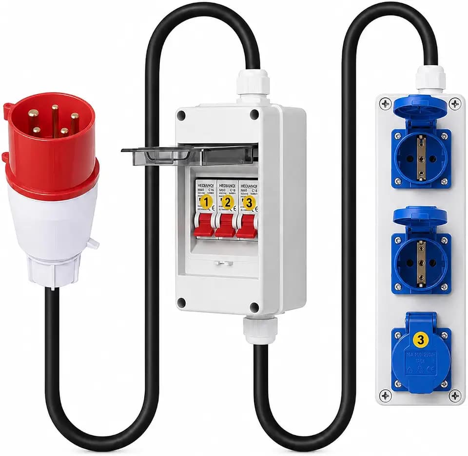 CEE Adapter 32A auf 16A - 5P 380V CEE Stecker auf 3X 220V Schuko - IP65/IP54 Wasserdicht Starkstrom Steckdose mit 3X 16A Leitungsschutzschalter - Baustromverteiler