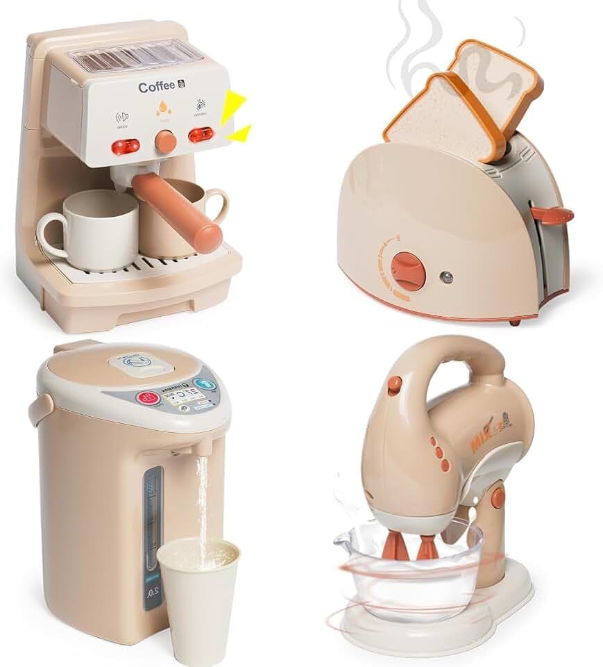 Kinderküche Spielset- Küche Rollenspiel Set mit Kaffeemaschine:Espressomaschine Wasserspender Rührgerät, Toaste: Geschirr Küchen Frühstücksset Frühstücksset für Kinder 3+