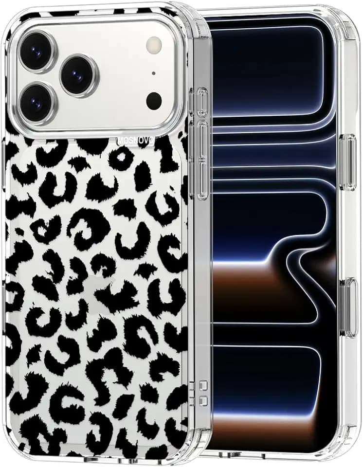 MOSNOVO for iPhone 17 Pro Max Case | Military Grade 6.6ft Drop Tested | Camera Control | Clear with Black Leopard Print Design