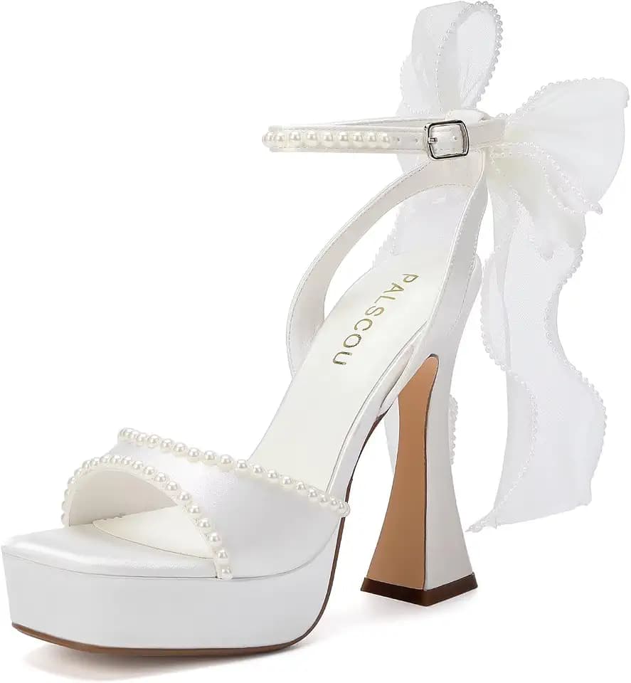 Platform Wedding Shoes for Bride with Bow Pearl Heels Open Toe Bridal Shoes High Heel Wedding Sandals