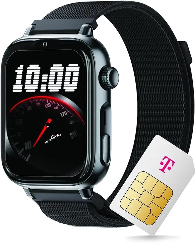 Deutsche Telekom SaveFamily SaveWatch 2 Kinder-Smartwatch – Black Night, Schwarz mit Textilarmband