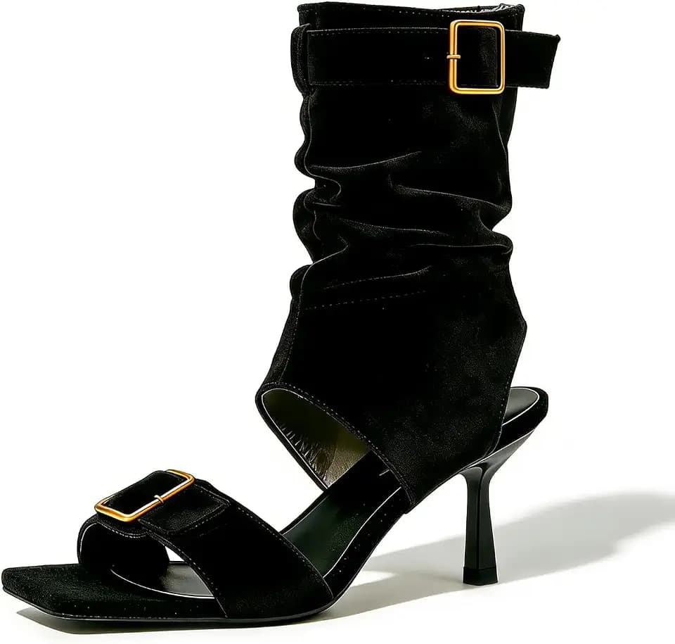 Women'S One Strap Kitten Heel Sandal Boots with Belt Buckle Vintage Square Open Toe Slingback Low Heel Summer Suede Wrinkles Dance Mid Calf Sandals for Party Prom