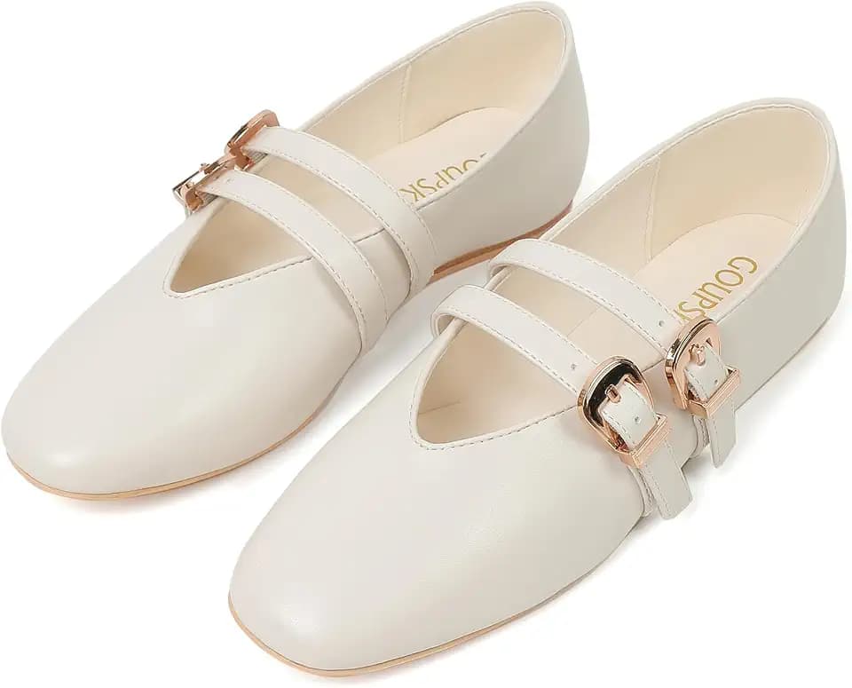 Mary Jane Shoes for Women Mesh Ballet Flats with Adjustable Double Buckle Strap Comfortable Slip On Dress Shoes for Daily