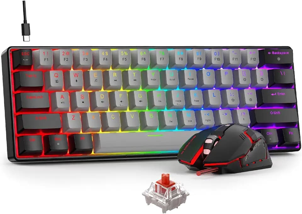 BlueFinger 60% Mechanical Gaming Keyboard and Mouse Combo - RGB Rainbow Backlit 61 Keys Red Switch Keyboard & 4 DPI LED Gaming Mouse, USB Wired Set for PC Laptop Xbox PS4 PS5, White (Black & Gray)