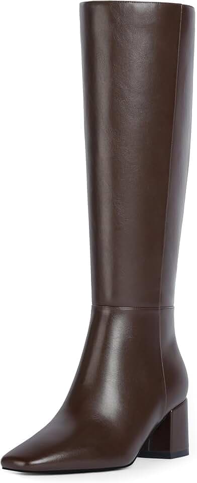 VIUGJNEX Knee High Boots Women Stretchy Chunky Heel Square Toe Tall Boots