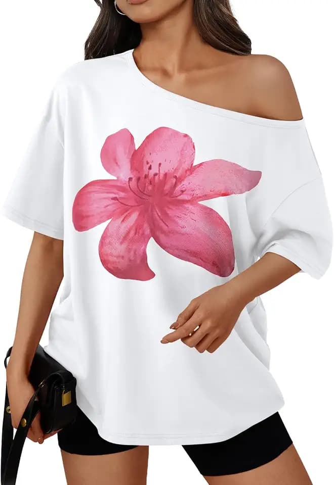Trendy Queen Womens Off the Shoulder Tops Oversized Summer T-Shirts 2026