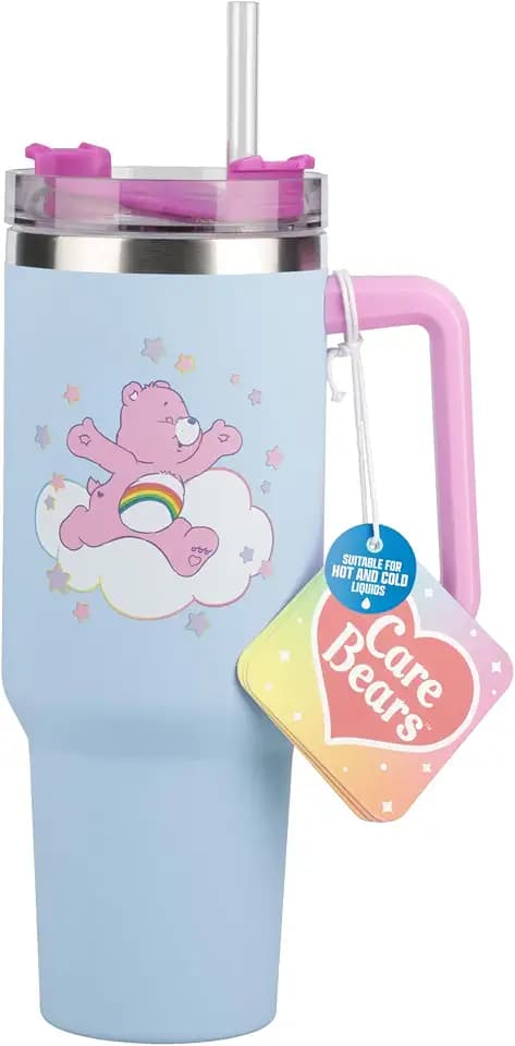 Paladone Glücksbärchis Thermobecher und Strohhalm, 1,2 l, blau, offiziell lizenzierte Quencher-Flasche mit Griff für Wasser, Eistee, Kaffee, süßes Popkultur-Sammlerstück für Fans
