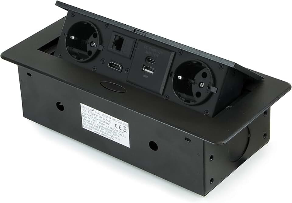 Emuca - ausziehbare und in den Tisch einlassbare Vielfachsteckerleiste, Mehrfachstecker (EU-Stecker Typ F, USB A+C, RJ45 und HDMI), 265x120 mm, Schwarz