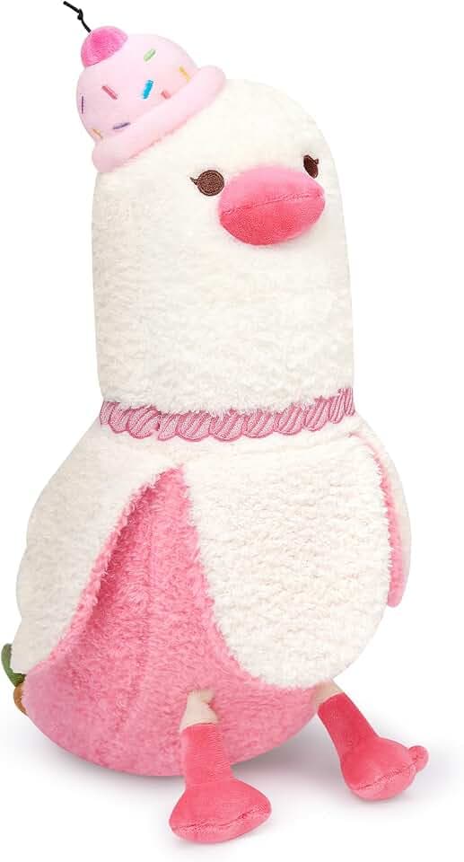 PEACH CAT Banana Duck Plush Pillow with Cherry Cake Hat Banana Duck Stuffed Animal Gift for Girls Boys White and Pink 12"
