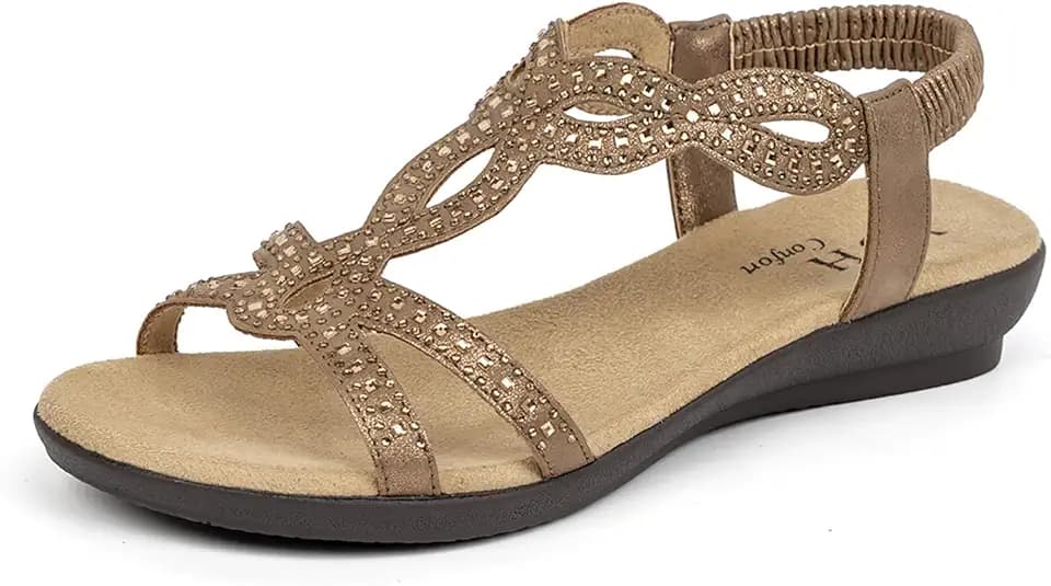 VJH confort Women's Flat Sandals, Rhinestone Open Toe Elastic Strap Slip On Sandals, Comfortable Walking Dress Flats for Casual Wedding Party
