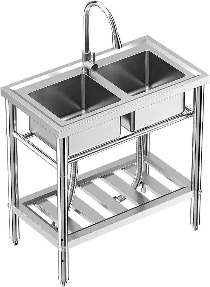Edelstahl Spültisch 84×46×76CM, Freistehende Küchenspüle 2 Becken, Gewerbliche Spülbecken Mit Wasserhahn Kalt Und Warmwasserschläuchen, Für Waschküche Outdoorküche Gastro Geschäft Restaurant