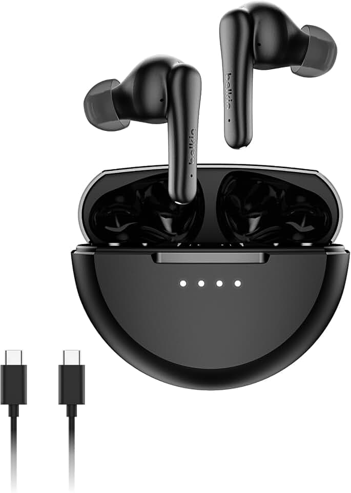 Belkin SoundForm Rhythm ANC True Wireless In Ear Kopfhörer Kabellos mit Mikrofon, Schnellladen mit USB C, 28 Std. Betrieb, Wasserfest nach IPX5 – Bluetooth Earbuds für iPhone, Galaxy, Pixel – Schwarz