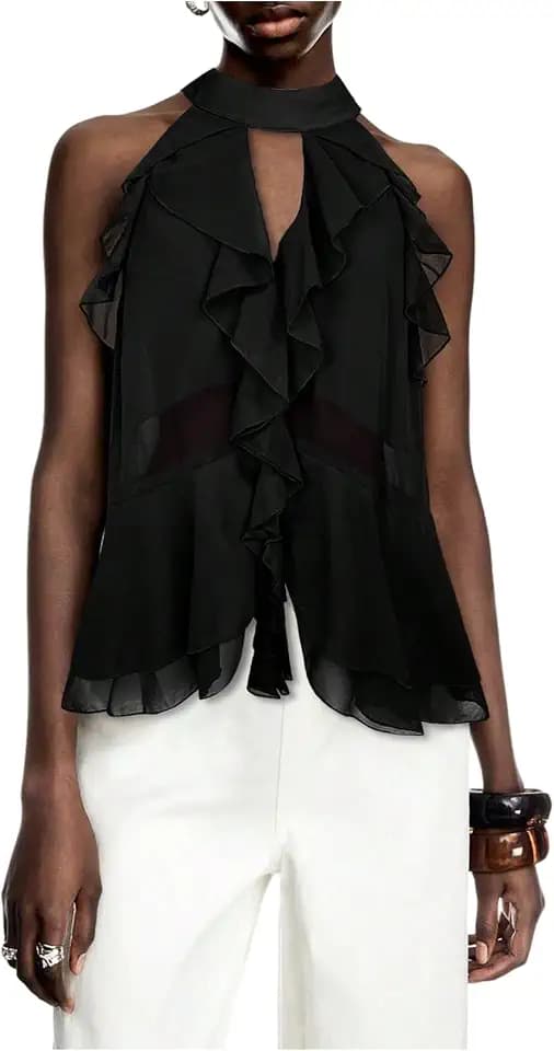 GORGLITTER Women's Ruffle Going Out Tops Y2k Halter Flowy Concert Outfits