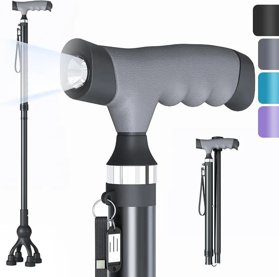Walking Cane with LED Light for Seniors Men Women, Adjustable Folding Canes for Elderly, Ergonomic Handle & All Terrain Shock Absorbing Base, Walking Sticks for Indoor Outdoor Travel Hiking Support