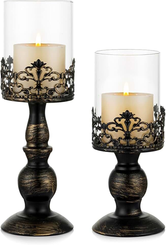 Sziqiqi Kerzenständer Schwarz für Stumpenkerzen, 2er-Set für Vintage Deko | Groß +Klein, Gotische Metall-Kerzenständer mit Glaszylinder und Hoher Standfuß, für Esstisch, Wohnzimmer, Halloween