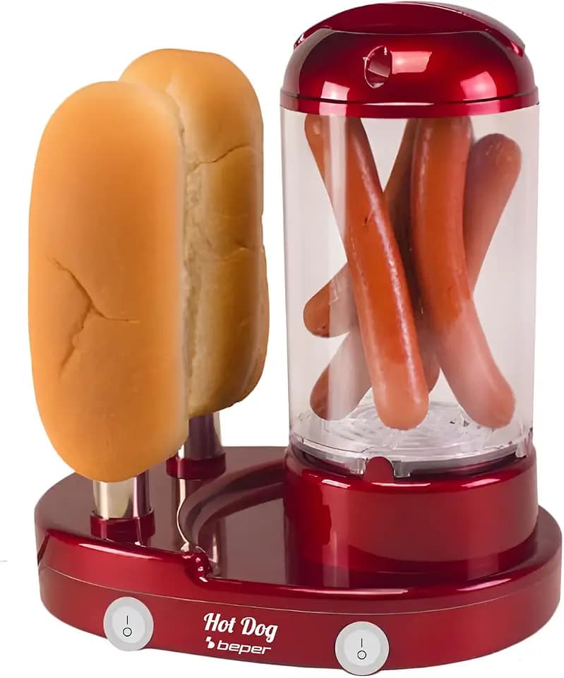 BEPER P101CUD502 3-in-1 Hot-Dog-Maker und Eierkocher, Dampfgarer für Würstchen und Eier, Brötchenwärmer mit 2 Edelstahlstäben, 440 W, Doppelschalter