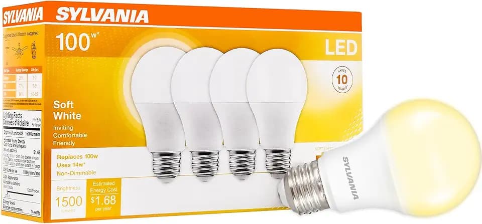 Sylvania LED A19 Light Bulb, 100W = 14W, Non-Dimmable, Frosted Finish, 1500 Lumens, 2700K, Soft White - 4 Pack (78101)