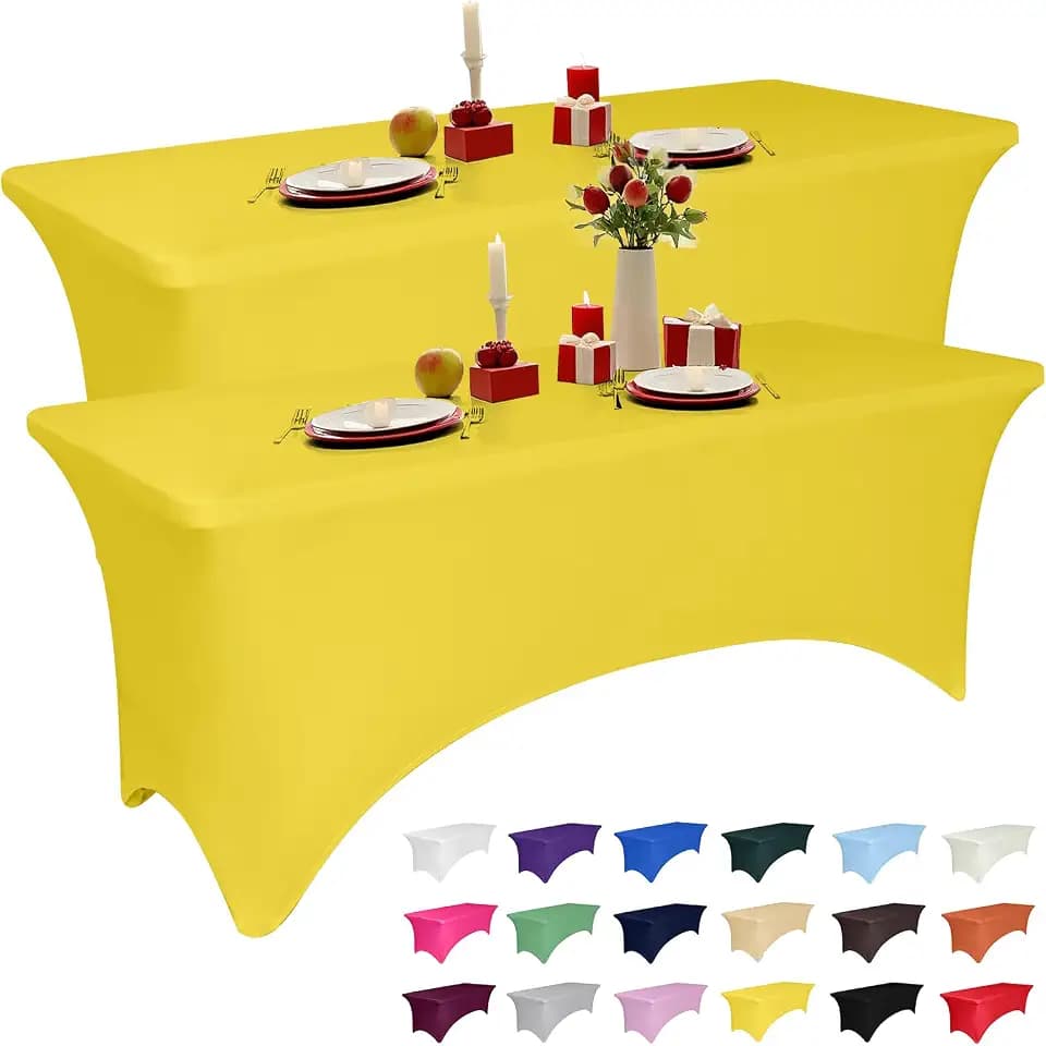 2 Pack 6 Feet Yellow Spandex Tablecloth for Rectangular Tables, Fitted & Stretch, Washable, Wrinkle Resistant, Perfect for Event, Wedding, Party, Banquet, Cocktail, Festival, and Table Protector