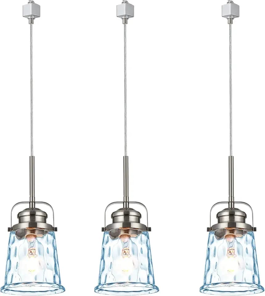 H-Type 3-Light Pendant Lights with Blue Hammered Glass Shades