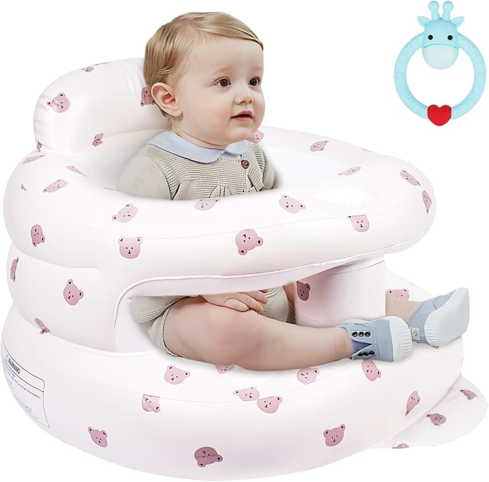 Aufblasbarer Baby-Sitz für Babys ab 3 Monaten, Bärenkopf Groß Baby-Rückenstützsofa Mit Eingebauter Luftpumpe Boden-Sitzunterstützung zum Füttern Sitzen Lernen Reisen Camping