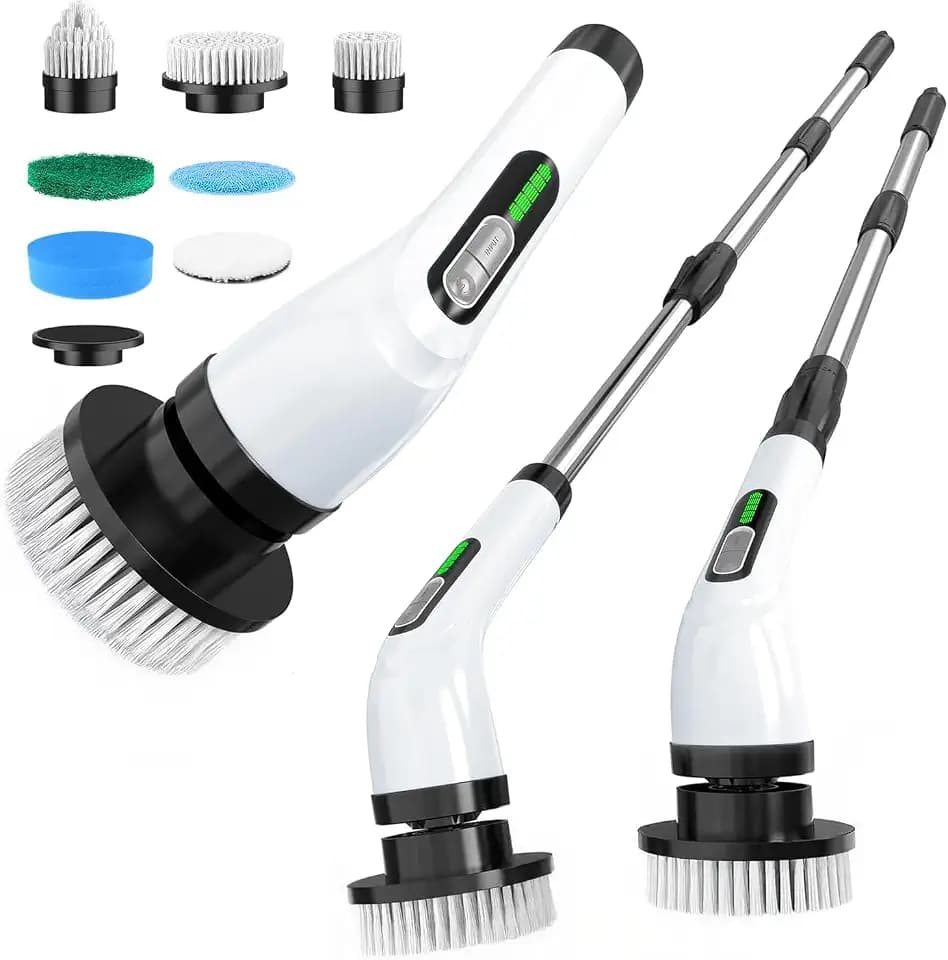Elektrische Reinigungsbürste, FYDEE IPX7 Electric Cleaning Brush mit 7 Bürstenköpfen & Verstellbarem Griff, Kabelloser Power Scrubber, Putzbürste Elektrisch für Bad, Küche, Auto, Boden, Fußboden