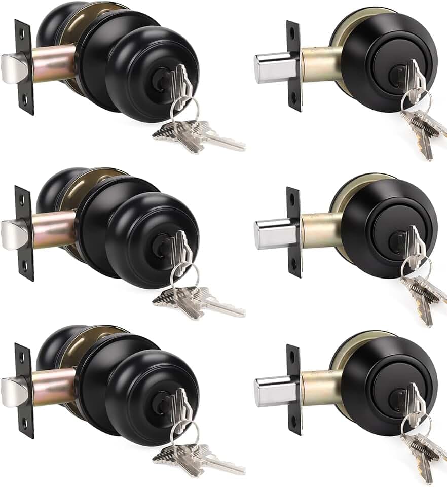 KNOBWELL 3 Pack Keyed Alike Entry Door Knobs and Single Cylinder Deadbolt Lock Combo Set Security for Exterior and Front Door, Keyed Entry Door Locksets with Deadbolt, Matte Black Finish
