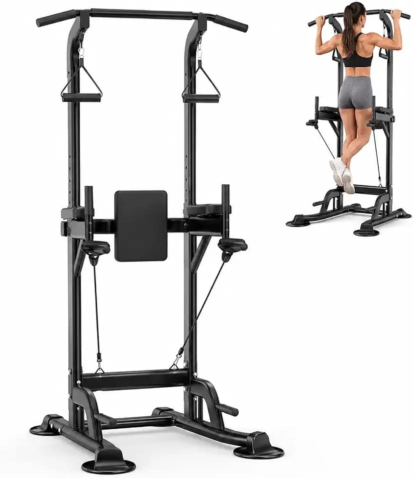 Power Tower Pull Up Bar Dip Station, 450 lbs Capacity Freestanding Workout Station with Adjustable Height, Home Gym Strength Training Equipment for Pull Ups, Dips and Knee Raises