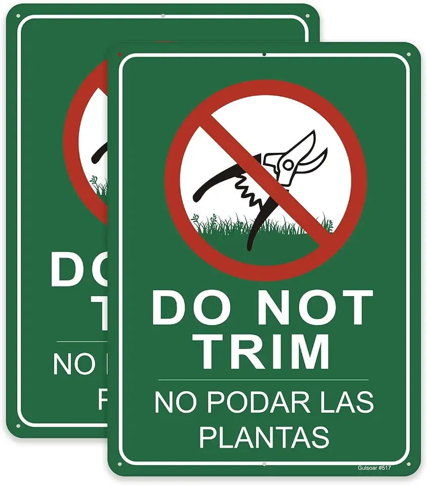 2 Pcs Do Not Trim Signs 10 x 7 Inch Plant Signs Bilingual Garden Markers for Outdoor Lawn, Reflective Rust Free Aluminum,UV Resistant, Scratch, Easy to Mount