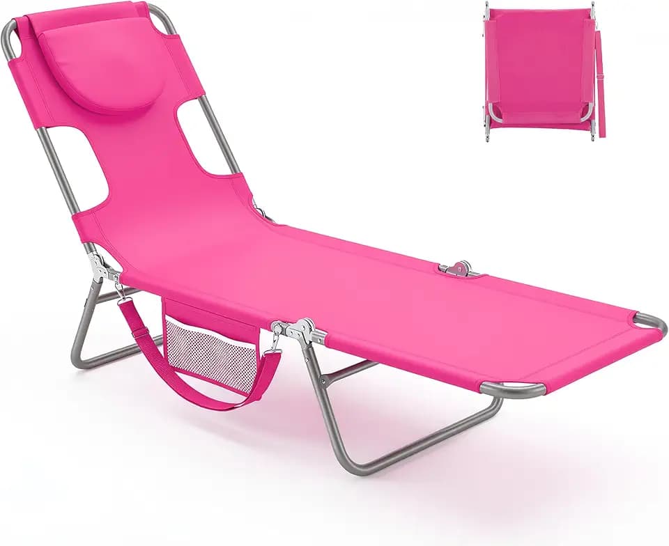 NEWBULIG Beach Lounge Chair Outdoor, Tanning Chair with Face Hole, Pink
