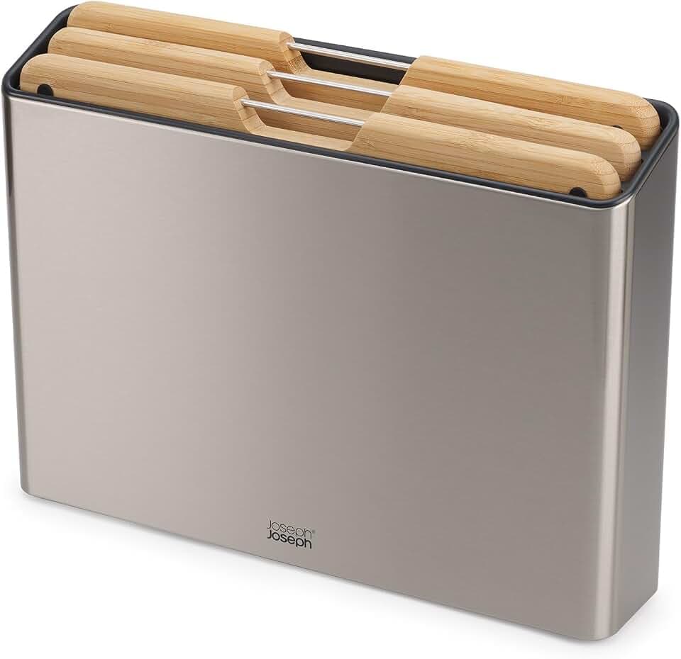 Joseph Joseph Folio Prämie Schneidebrett-Set mit Aufbewahrungsbox, rutschfest, farblich gekennzeichnet, 3-teilig, Groß, Edelstahl und Bambusholz