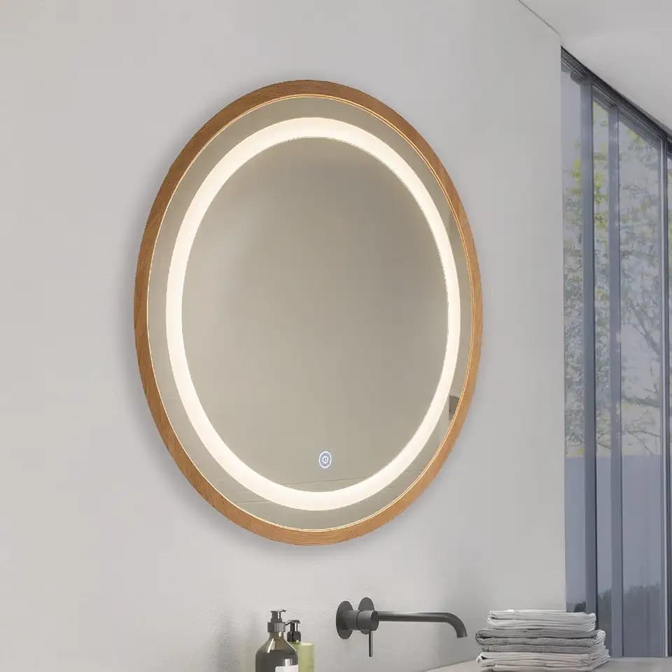 M Ledme -Badezimmerspiegel mit Licht, 60x60cm, runder Holzspiegel, 15W, dimmbar, 3 Lichtfarben, Touch-Schalter, HD-Hartglas, IP44, Holz-Finish