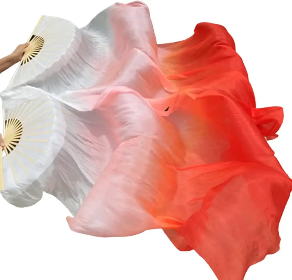 Belly Dance Faux Silk Veil Fans, 1 Pair (Left+Right) Faux Silk Bamboo Long Fans Veils, Handmade Belly Dance Dancing Silk Fans, Dance Performance
