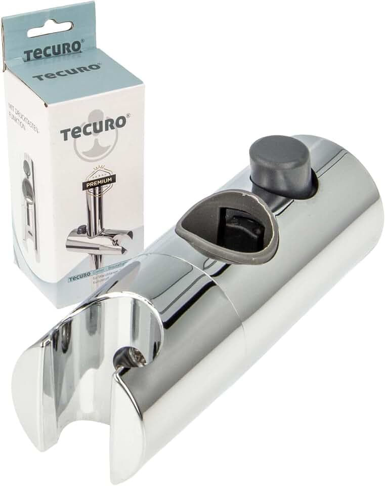 tecuro Handbrausehalterung mit Drucktastenfunktion, 360° drehbar für Wandstange 18 mm verchromt, höhenverstellbar, hochglanzverchromter Kunststoff