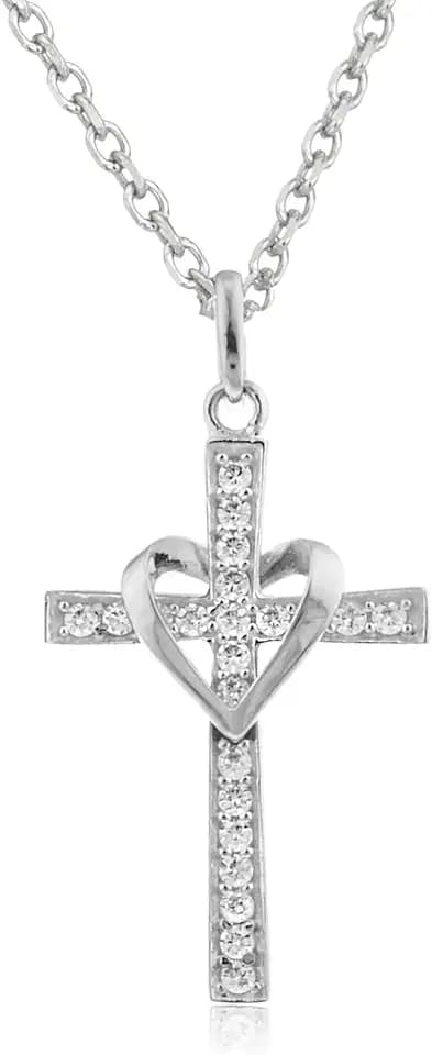 JOTW 10k Yellow Gold, Rose Gold and White Gold Heart & Cross Pendant with an 16, 18, 20 and 22 Inch Gold Overlay Figaro Necklace (18 Inch, White Gold)