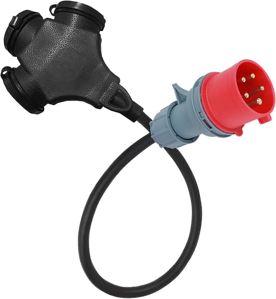 CEE Starkstrom Adapter,CEE Adapter Starkstrom 16A 400V Stecker auf CEE 3 X 230V Schuko Kupplung IP44,5x2,5mm Gummikabel 0,5 Meter. Adapter 16A auf 230V. Starkstrom Verteiler