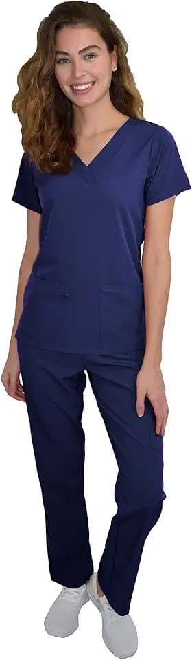 Green Town Scrubs for Women Scrub Set - V-Neck Top and Straight Leg Pant, 5 Pockets, Easy Care-Navy/Indigo-Large Petite