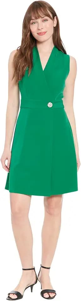 London Times Women's Sleeveless Crepe Wrap Dress with Waist Button Detail | Work Dresses for Women