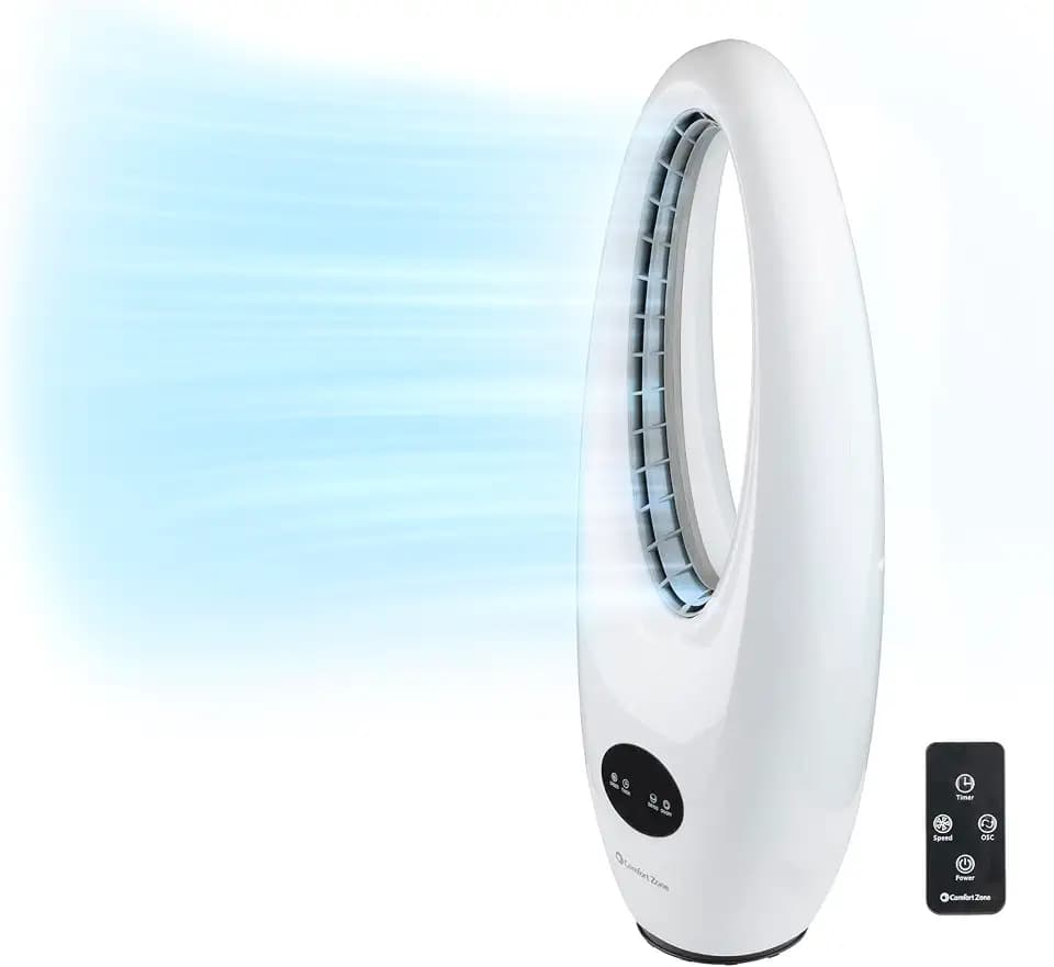 COMFORT ZONE 28-Inch Oscillating Bladeless Tower Fan with Remote Control, 3 Speeds, 70° Oscillation, Portable Tower Fan with 9-Hour Timer & LED Display – Ideal for Home, Bedroom, Dorm, or Office